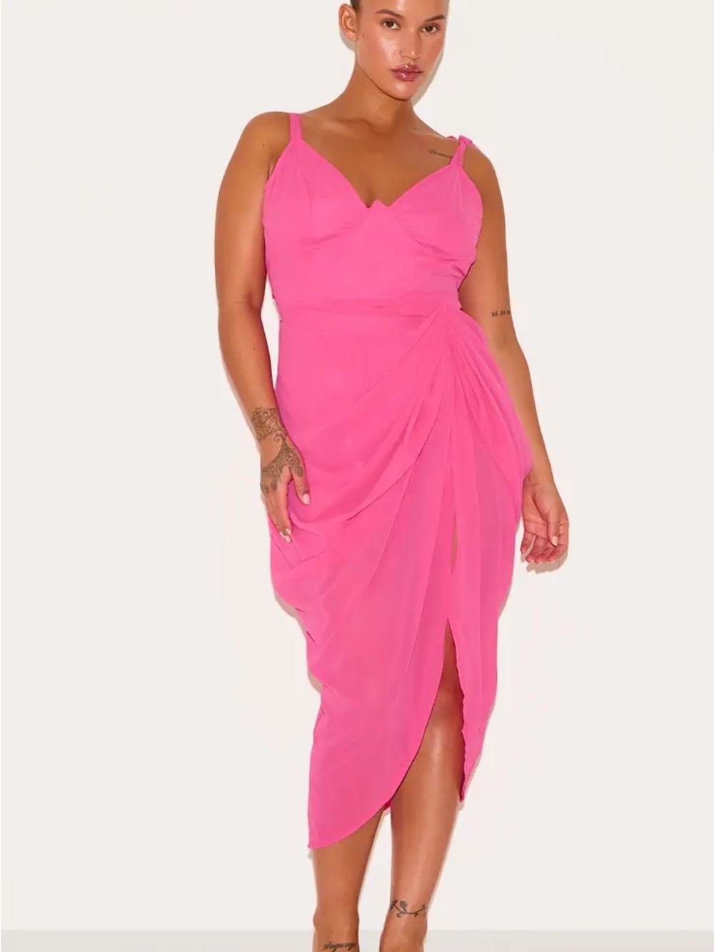 PrettyLittleThing Hot Pink Draped Midi Dress with Spaghetti Straps